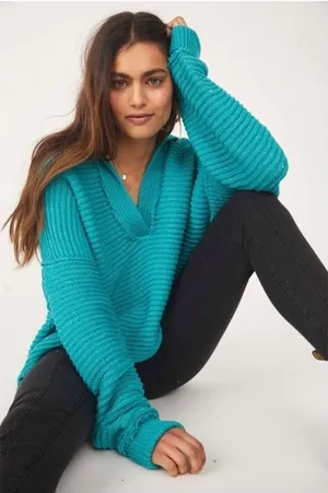 Free People Marlie Ribbed Pullover Sweater‎ in Mar Chiquita xs thumbnail 1