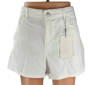 NEW Zara Women's White Eyelet Embroidery High Waisted Wide Leg Denim Shorts 10 thumbnail 1