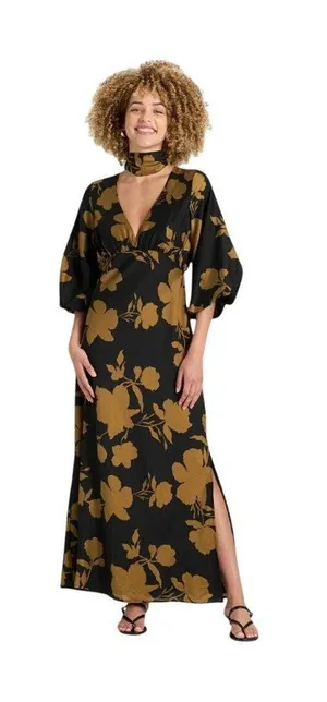 NWT A New Day Womens Tie Neck Maxi Dress Woven 94441349 Black / Brown Floral XL thumbnail 1