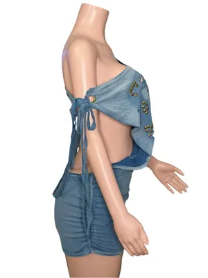 JADED LONDON Route 66 Distressed Backless Studded Dress, Blue, 6 (US) thumbnail 6