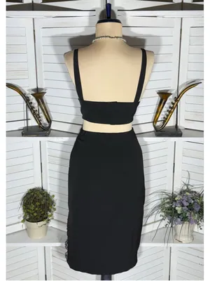 Black cocktail midi dress open back deep V pencil wedding guest sexy homecoming thumbnail 2