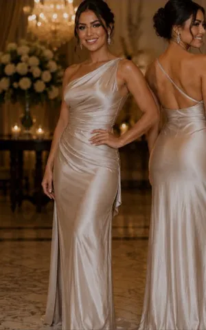Women's OYS Champagne One Shoulder Dress S thumbnail 1