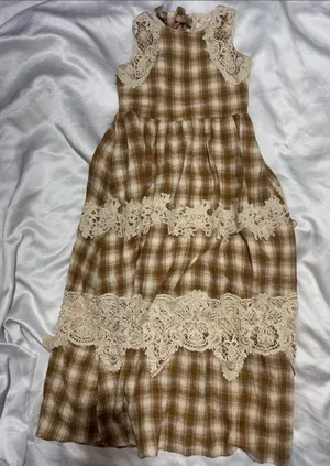 Mia joy Brown Plaid Dress with Cream Lace Yoke thumbnail 1