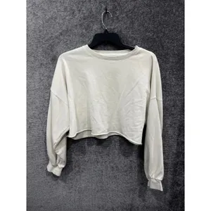 NIA Women Sweatshirt XL Cream Cropped Raw Hem Drop Shoulder French Terry thumbnail 3