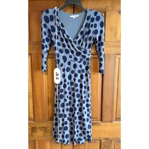 Boden Dress Women's Size 4 Long US, 8L UK Blue Polka Dot V Neck 3/4 Sleeves Work thumbnail 6