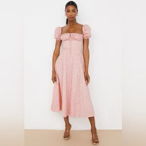 House of CB Pink Floral Puff Sleeve Midi Dress Front Slit Cottagecore Medium thumbnail 3