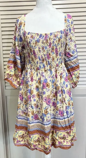 Southern Fried Chics Floral Fit Flare Dress NWT Sz XL Lined Smocked Long Sl thumbnail 1
