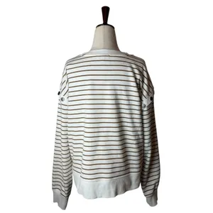 Evereve Striped Sweatshirt Women Medium Ivory Tan‎ Snap Detail Preppy Coastal thumbnail 6