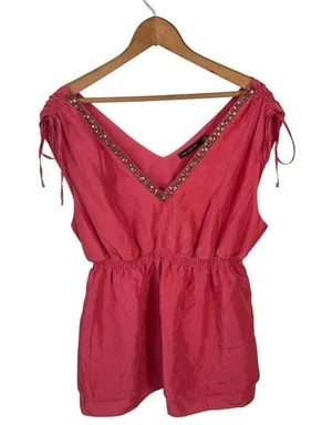 The Limited 100% Silk Coral Pink + Gold Beaded Layered Ruffle Blouson Tank Top thumbnail 1
