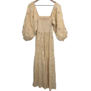 Free People Dahlia Embroidered Maxi Dress Sand Gauzy Smocked Size Small Cotton thumbnail 3