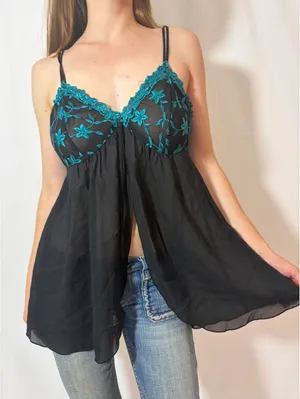 Black and Turquoise Lacey Floral Babydoll Slip thumbnail 4