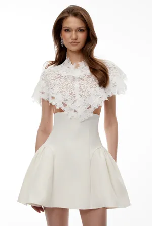 Mandana white lace mini dress with cape thumbnail 2