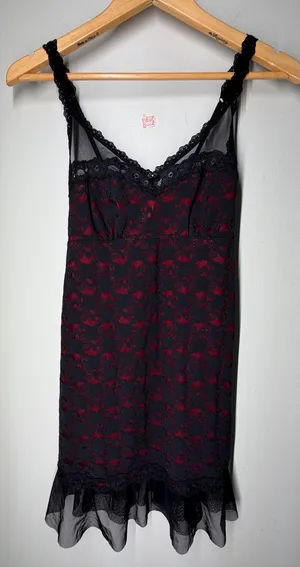 Y2K Arianne Black Red Lace Slip Dress Whimsigoth Dark Romantic Goth Femme Fatale thumbnail 1