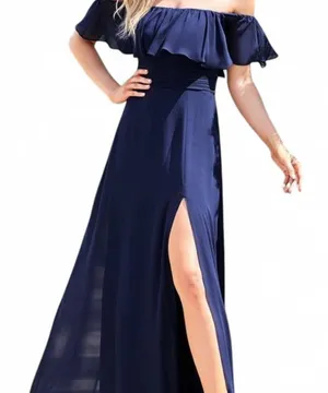 Blue Maxi Formal Dress 8 Ruffle Sleeve Off Shoulder HOCO Eveningwear Wedding thumbnail 1