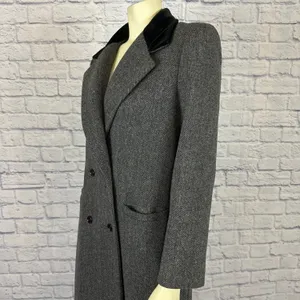 Vintage 1980s Central Park Wool Herringbone Velvet Collar Long Coat size Medium thumbnail 8