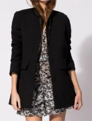 Maje Gretelle‎ Leather Trim Jacquard Knit Longline Coat Parisian Car Coat Sz 36 thumbnail 1