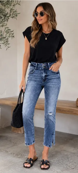 Vervet‎ High Rise Slim Straight Ankle Slit Crop Acid Wash Distressed Jeans thumbnail 1