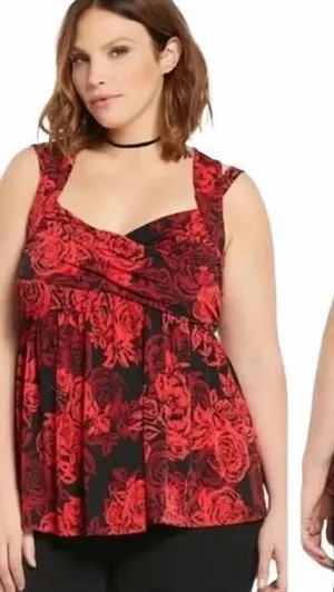 Torrid Red and Black Rose Criss Cross Babydoll Sleeveless Top Plus Size 5X thumbnail 1