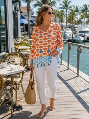 Ruby Rd. Petite Orange Ikat Tassel Tunic Top Women's PXL Boho Rayon Blend Size undefined thumbnail 2