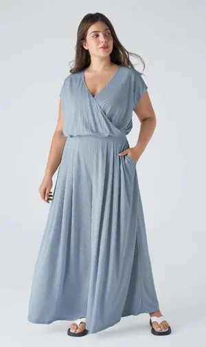 Halara V Neck Short Sleeve Pockets Wide Leg Flowy Waffle Jumpsuit Blue 2X thumbnail 1