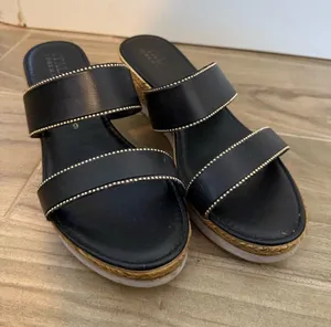 Italian Shoemakers Black Double-Strap Slide Sandals with Gold Bead Trim thumbnail 1