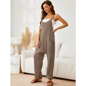NEW Waffle Knit Jumpsuit Loose Spaghetti Strap Overalls XL thumbnail 6