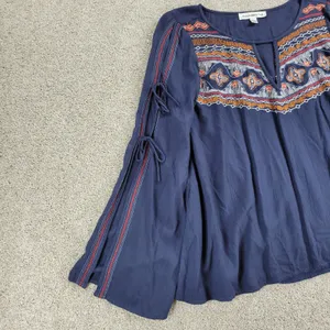 Abercrombie & Fitch Womens Boho Top M Blue Embroidery Tie Flowy Sleeves Keyhole thumbnail 7