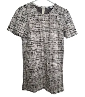 Love Ady Women's Boucle Tweed Shift Dress White Maroon Black Metallic Short Slv thumbnail 1