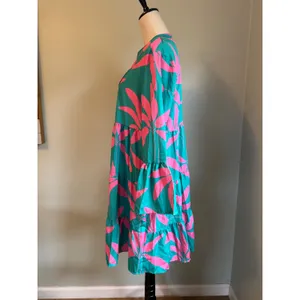Teal Hot Pink Tropical Leaf Tiered Babydoll Dress Bell Sleeve resort beach xxl thumbnail 4