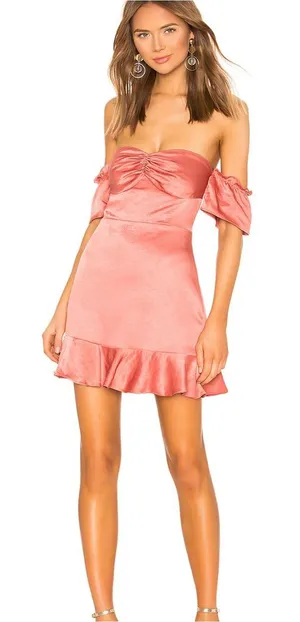 Superdown x Revolve Tammie Off The Shoulder Mini Dress in Rust Satin Large $68 thumbnail 1