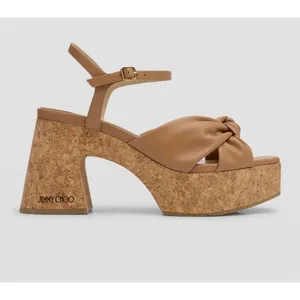Jimmy Choo Beige Leather Platform Sandals with Cork Heel thumbnail 2
