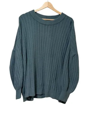 Aerie Womens Ribbed Oversized Balloon Sleeve Fuzzy Knit Sweater Teal Blue Medium thumbnail 1