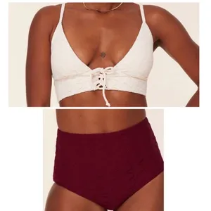 Andie Bikini‎ Set Cabarete Top Super High Waisted Bottom Lace Cream Syrah L NWT thumbnail 2
