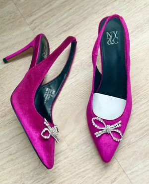 NY&Co velvet magenta lyla pump with closed pointed toe rhinestone bows thumbnail 1