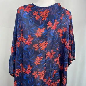 Denim & Co. Women's Beach Tie-Front Cover-Up Top Navy Blue Tropical L/XL thumbnail 8