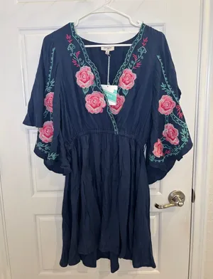 Umgee Embroidered Boho Dress Small Navy Floral Bell Sleeve Mini Dress thumbnail 1