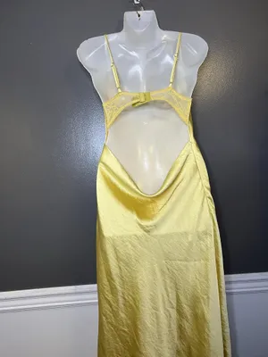 Cider Dress Womens Medium Yellow Satin Lace Cowl Neck Backless Slip Maxi thumbnail 9