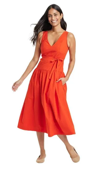 NWT Universal Thread Womens Tie-Waist Midi A-Line Dress 92968100 Red S thumbnail 1