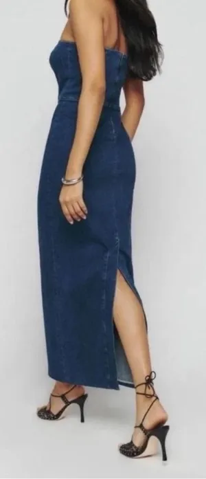 Reformation Eugenia Denim Midi Dress Women‎ Dark Blue Strapless 10 thumbnail 1