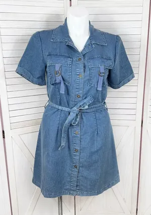 Indulge Chambray Button Up Belted‎ Short Sleeve Shirt Dress Denim Blue Large thumbnail 1