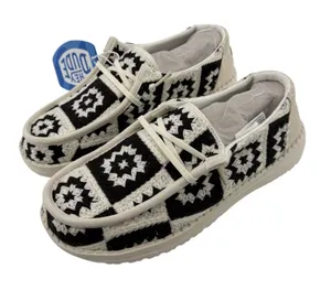 Hey Dude Wendy Cottage Crochet‎ Slip On Shoe Black White Women 5 Granny Square thumbnail 1