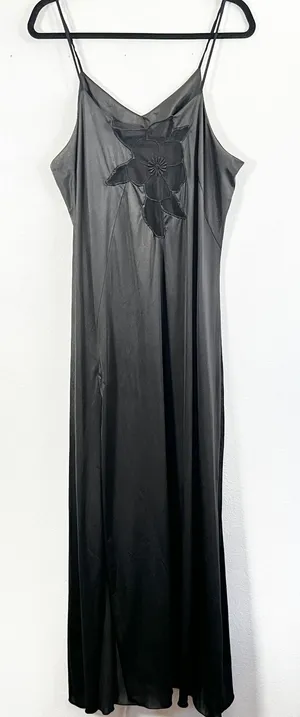 VTG 90s Nylon Slip Maxi Dress Sz‎ Large Black Mesh Whimsigoth Dark Fairy thumbnail 1