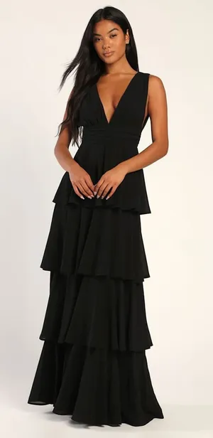 Lulus Amazing Evening Black Tiered Maxi Dress Chiffon Formal Evening Medium NWT thumbnail 1