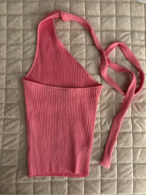 Zara Pink Ribbed One Shoulder & Scarf Knit Top Size M thumbnail 2