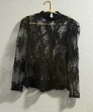 Eilly bazar Black Floral Lace Sheer Long Sleeve Peplum shirt Romantic L thumbnail 1