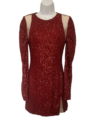 Y2K Luxe Dress Red Sequin Mini Dress Sz S Mesh Cutout Clubwear Glam Holiday NYE thumbnail 1