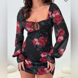 Princess Polly Bayford Long Sleeve Mini Dress Red Black Roses US Size 6‎ NWT thumbnail 2