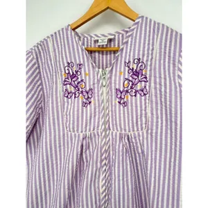 The Country Store Embroidered Zip‎ XL Seersucker Robe Purple Striped House Dress thumbnail 2