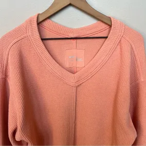 Aerie Wonder Textured V Neck Oversized Sweatshirt Saturn Peach Top Coral Orange thumbnail 5