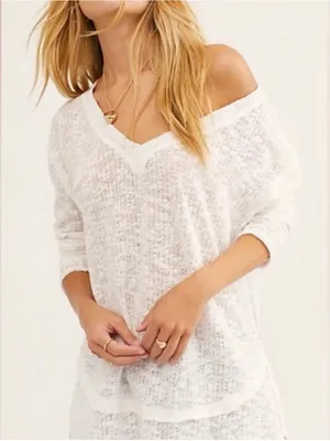 Free People We The Free Ocean Air Hacci Pullover Top Ivory Extra Small XS V-Neck thumbnail 1